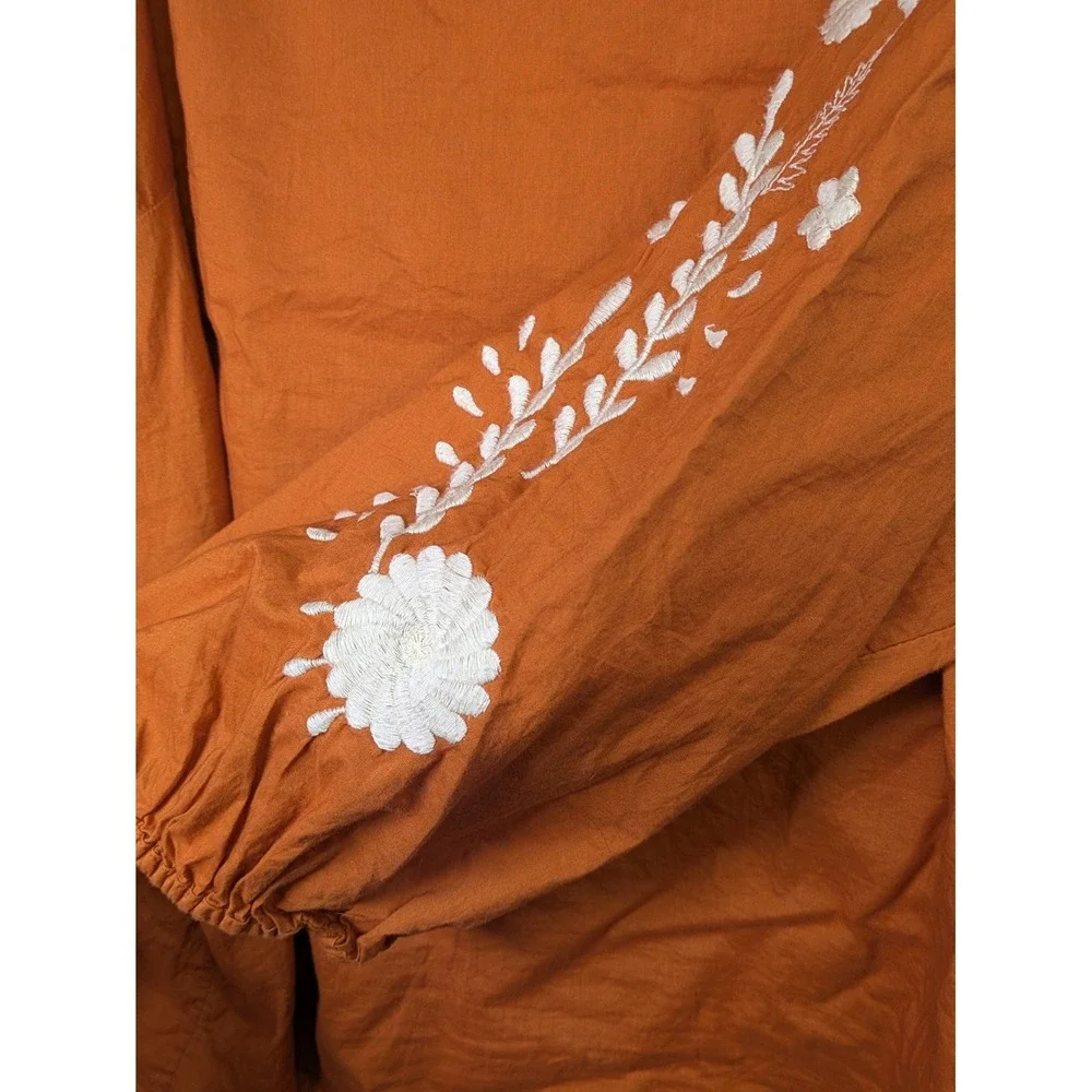 Banana Republic Womens Peasant Blouse XL Burnt Orange Cotton Embroidered Floral